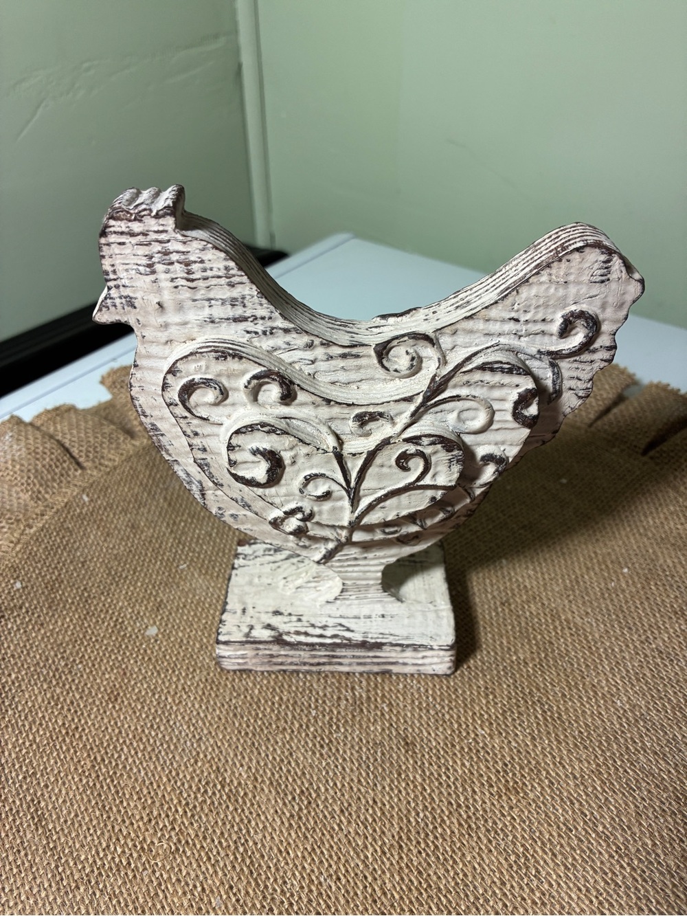 Carved Wooden Chicken Figurine in Distressed White and Brown